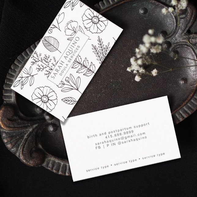 Handgezeichnete Blütendoodle Doula Weißer Geburtsl Visitenkarte (Von Creator hochgeladen)