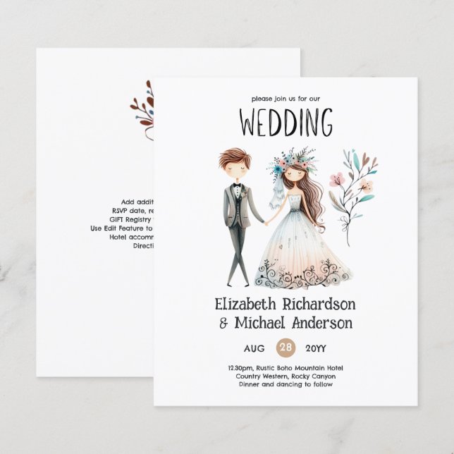 Handgezeichnete Boho Bride Groom Niedlich Hochzeit (Vorne/Hinten)