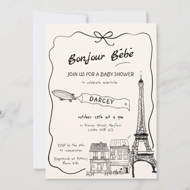 Handgezeichnete Bonjour Bebe French Baby Dusche Einladung (Vorderseite)