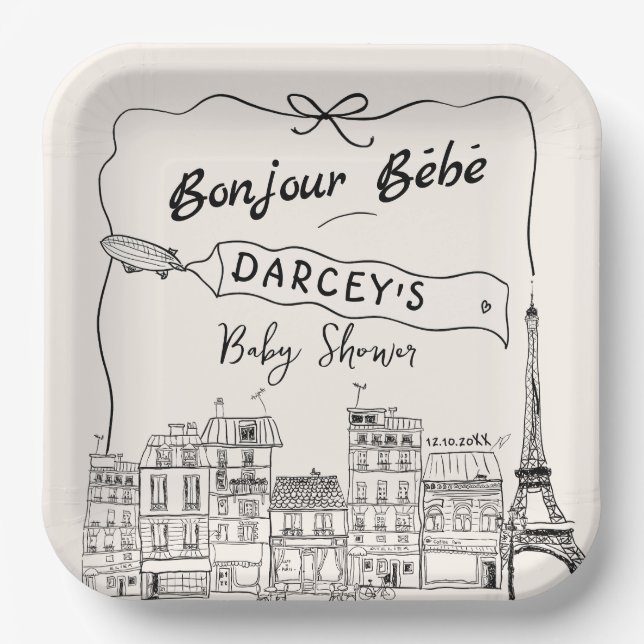 Handgezeichnete Bonjour Bebe French Baby Dusche Pappteller (Vorderseite)