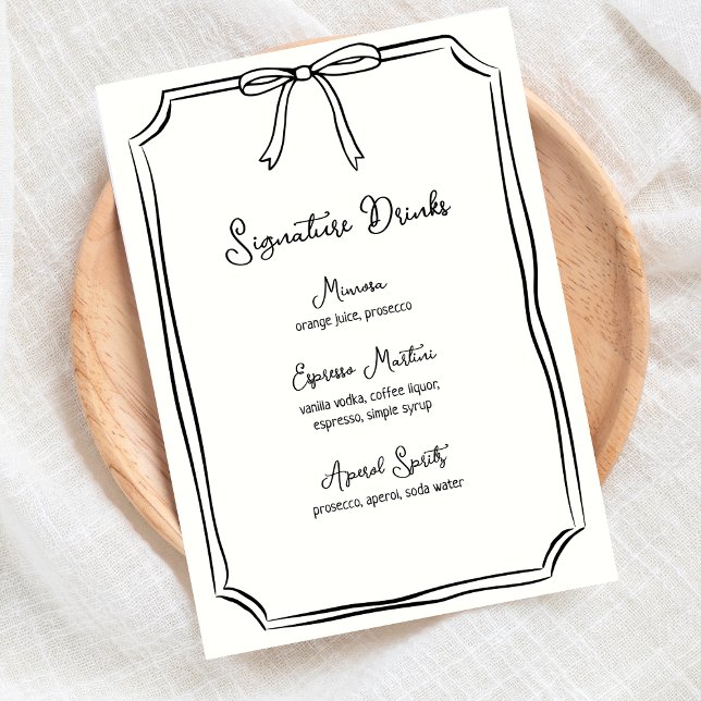 Handgezeichnete Bow Coquette Chic Signature Drinks Menükarte (Stylish black and white signature drinks menu with bow design, for a classic chic event.)