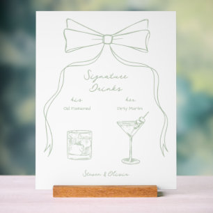 Handgezeichnete Bow Grüne Signature Drinks Hochzei Acrylschild
