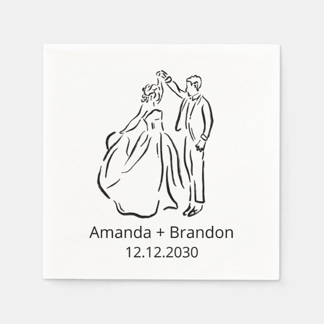Handgezeichnete Braut Groom Dancing Wedding Serviette (Vorderseite)