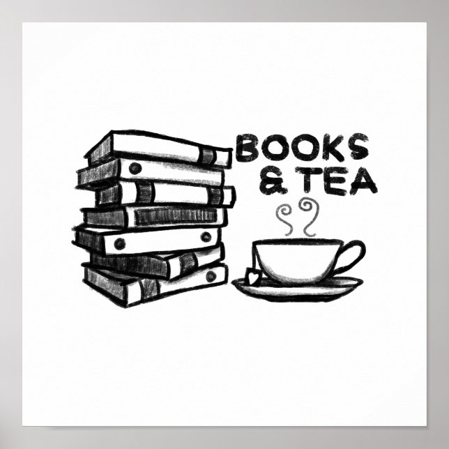 Handgezeichnete Bücher & Tee Poster (Vorne)