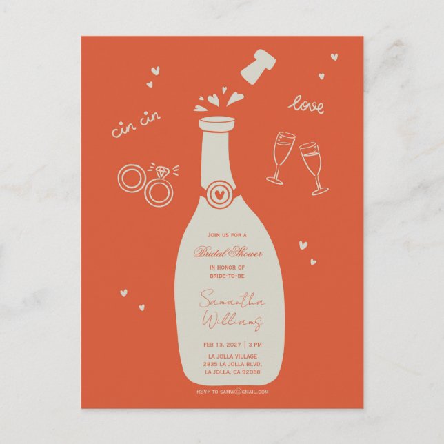 Handgezeichnete Champagner-Junggesellinnen-Abschie Postkarte (Vorderseite)