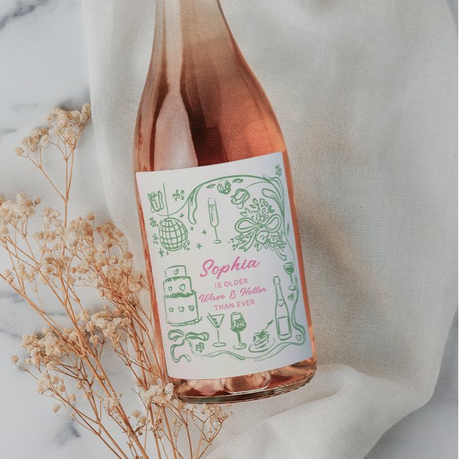 Handgezeichnete Coquette Wiser und Hotter Geburtst Weinetikett (Von Creator hochgeladen)