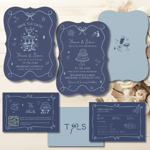 Handgezeichnete Doodle Art Moderne Scribble Blue Einladung