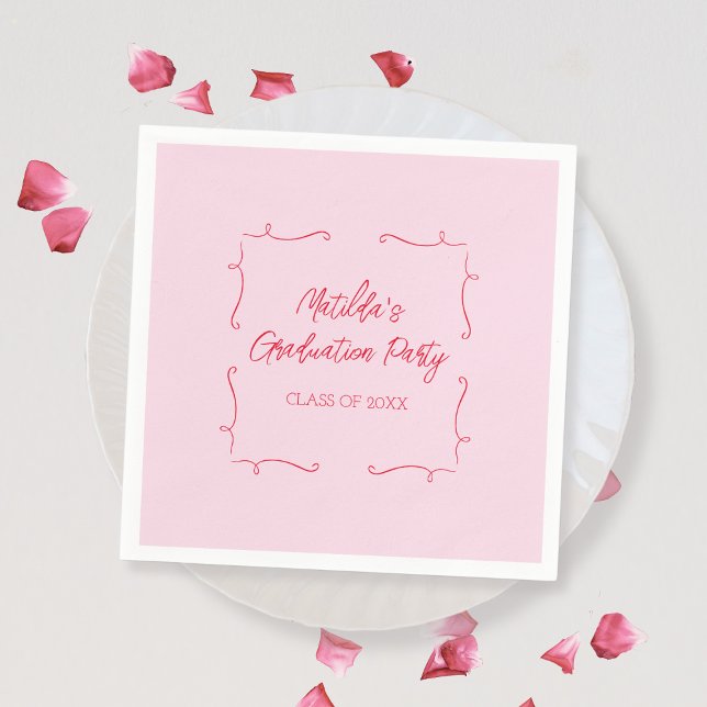 Handgezeichnete Doodle Pink & Red Graduation Party Serviette (Hand Drawn Doodle Pink & Red Graduation Party Napkins)