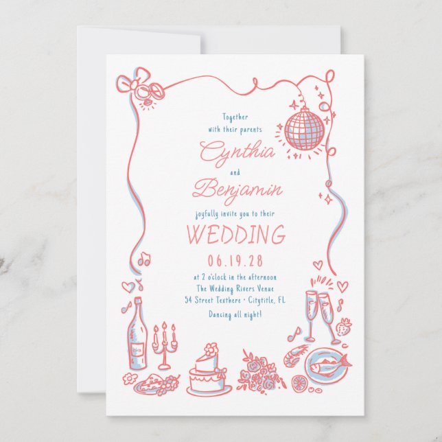 Handgezeichnete Doodles Whimsical Retro Hochzeitss Einladung (Vorderseite)