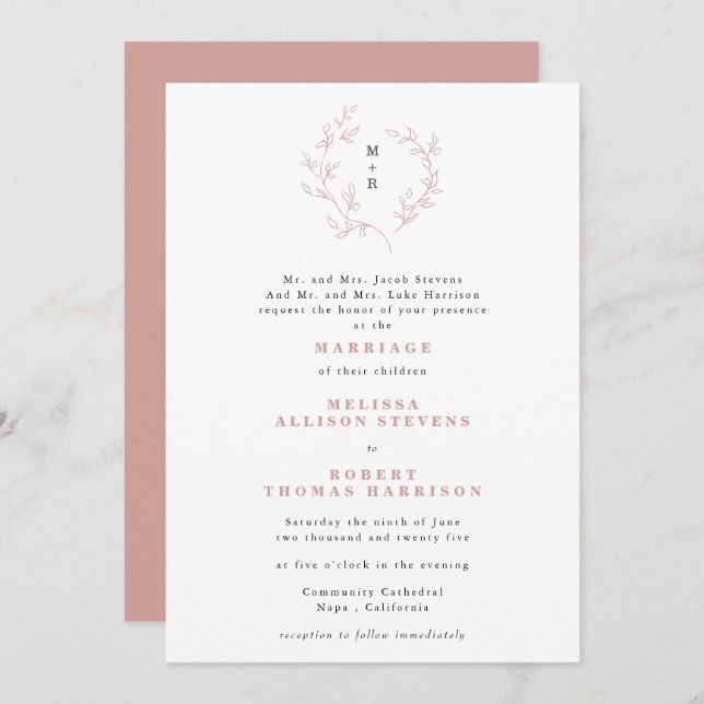 Handgezeichnete Dusty Rose Sketch Wreath Formal Ho Einladung (Vorne/Hinten)