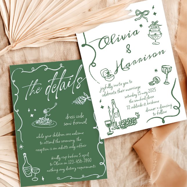 Handgezeichnete Elegant Retro Green Wedding Einlad Einladung (Von Creator hochgeladen)