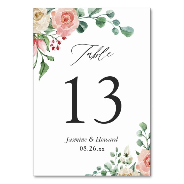 Handgezeichnete Elegante Wasserfarben Rose Blumenz Tischnummer (Vorderseite)