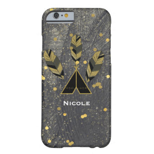 Handgezeichnete Feather & Tepee Gold Black Boho Gl Barely There iPhone 6 Hülle