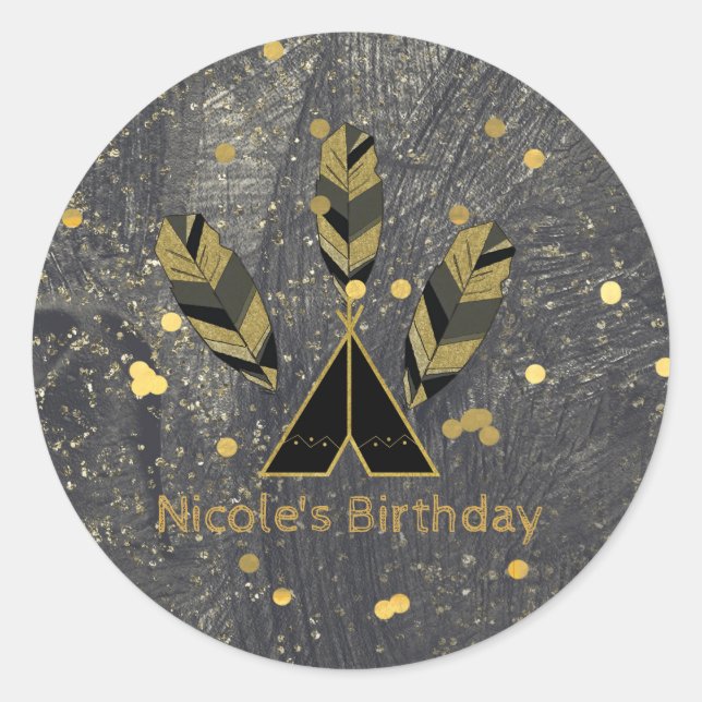 Handgezeichnete Feather & Tepee Gold Black Boho Gl Runder Aufkleber (Vorderseite)