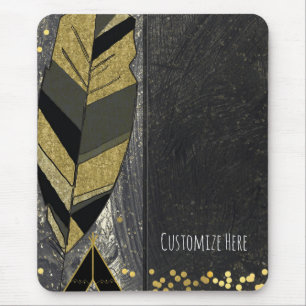 Handgezeichnete Feder & Tipi Gold Schwarz Boho Gla Mousepad