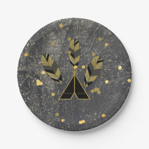 Handgezeichnete Feder & Tipi Gold Schwarz Boho Gla Pappteller