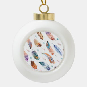 Handgezeichnete Federn: Weißes Hintergrundmuster Keramik Kugel-Ornament