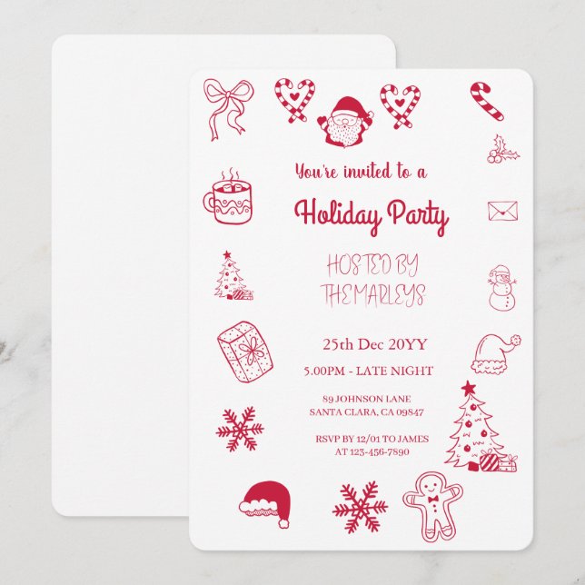 Handgezeichnete Feiertagsparty Einladung (Vorne/Hinten)