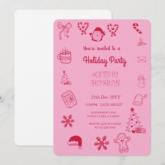 Handgezeichnete Feiertagsparty Einladung (Vorne/Hinten)