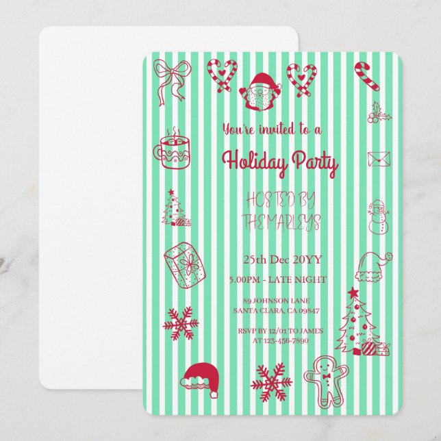 Handgezeichnete Feiertagsparty Einladung (Vorne/Hinten)