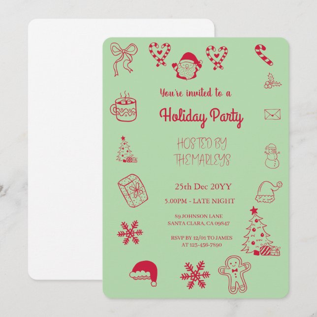 Handgezeichnete Feiertagsparty Einladung (Vorne/Hinten)