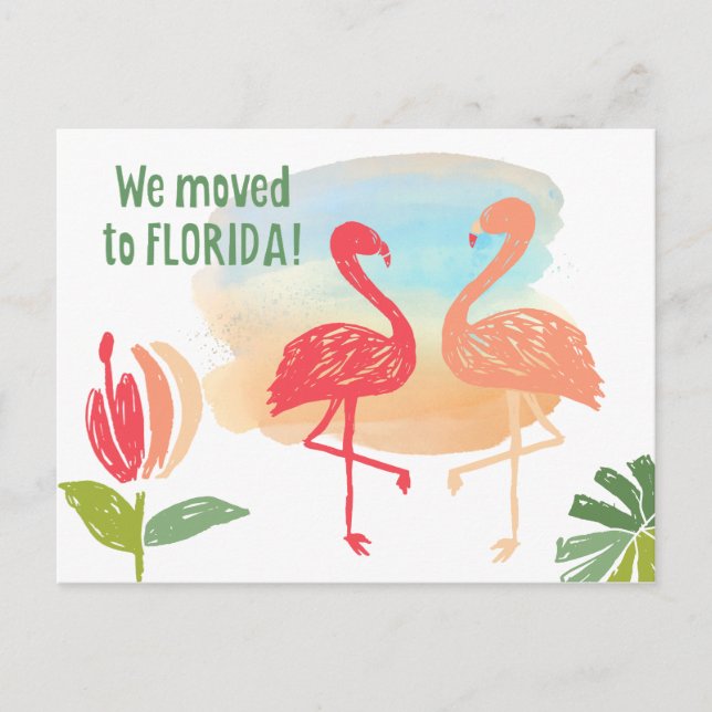 Handgezeichnete Flamingos Wir zogen nach Florida Ankündigungspostkarte (Vorderseite)
