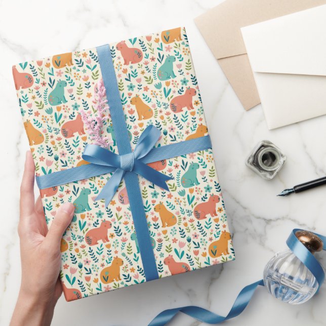 Handgezeichnete Floral Capybara-Geschenkpapierroll Geschenkpapier (Schenken)
