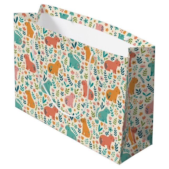 Handgezeichnete Florale Capybara-Geschenktasche gr Große Geschenktüte (Rückseite Schrägansicht)
