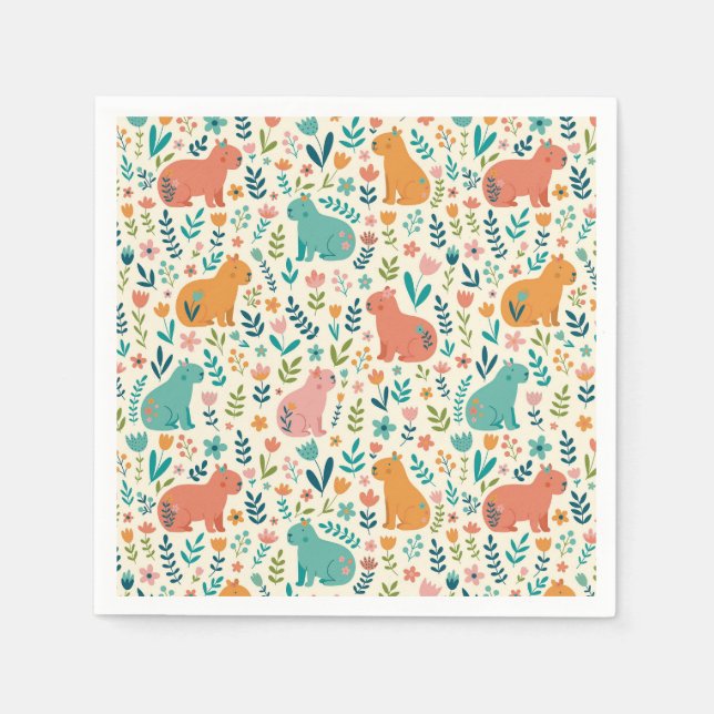 Handgezeichnete florale Capybara-Papierteller Serviette (Vorderseite)