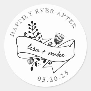Handgezeichnete Florale Hochzeit 'Für immer glückl Runder Aufkleber