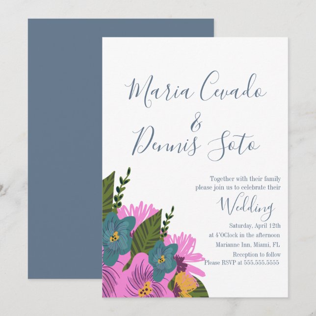 Handgezeichnete Florals Hochzeit kühne Farbeinladu Einladung (Vorne/Hinten)