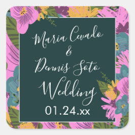 Handgezeichnete Florals Wedding Bold Pink Greeneri Quadratischer Aufkleber