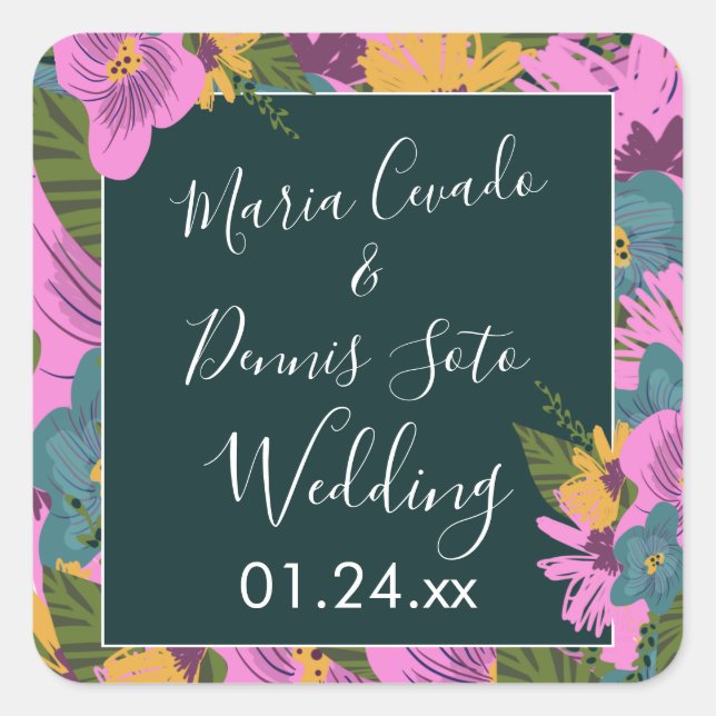 Handgezeichnete Florals Wedding Bold Pink Greeneri Quadratischer Aufkleber (Vorderseite)
