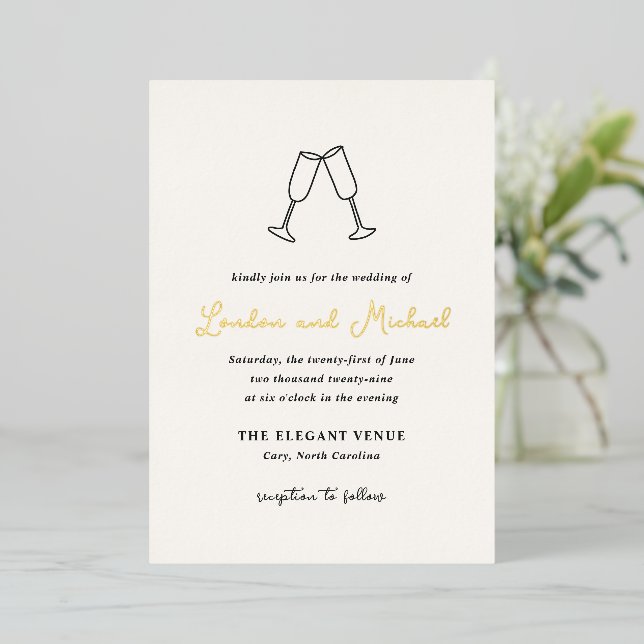 Handgezeichnete Flöten Doodle Moderne Hochzeit Folieneinladung (Stehend vorne)