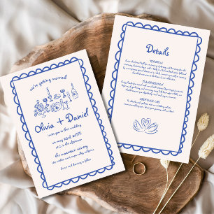 Handgezeichnete funky blaue Handschrift Hochzeit Einladung