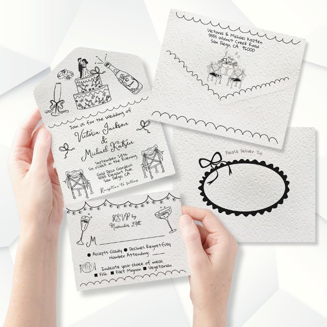 Handgezeichnete Funky Doodle Hochzeit All In One Einladung (Von Creator hochgeladen)
