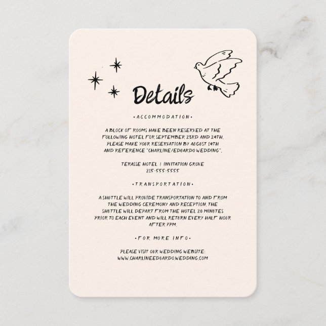 Handgezeichnete Funky Doodle Hochzeitsdetails Begleitkarte (Vorderseite)