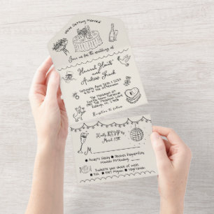 Handgezeichnete funky whimsical Hochzeit Alles in  All In One Einladung