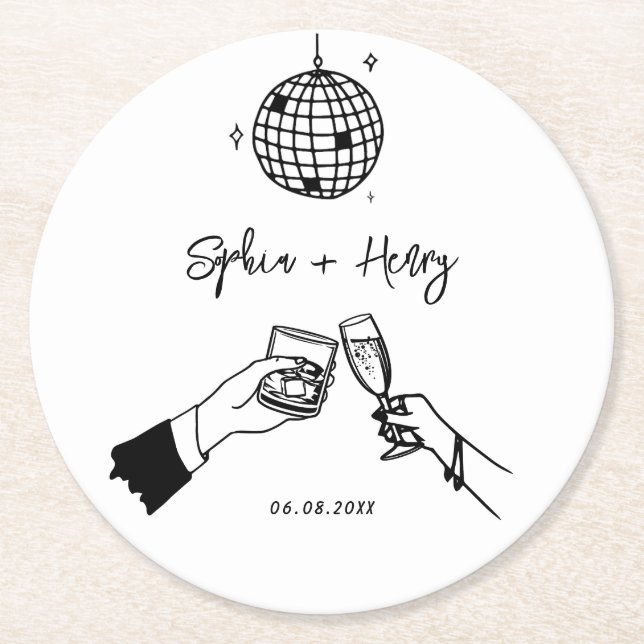 Handgezeichnete funky Whimsical Wedding Runder Pappuntersetzer (Vorderseite)