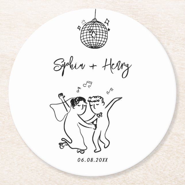 Handgezeichnete funky Whimsical Wedding Runder Pappuntersetzer (Vorderseite)