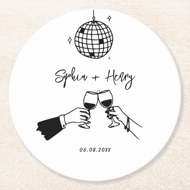 Handgezeichnete funky Whimsical Wedding Runder Pappuntersetzer (Vorderseite)