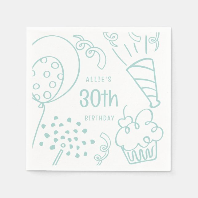 Handgezeichnete Geburtstagspartei jedes Alters Pas Serviette (Vorderseite)