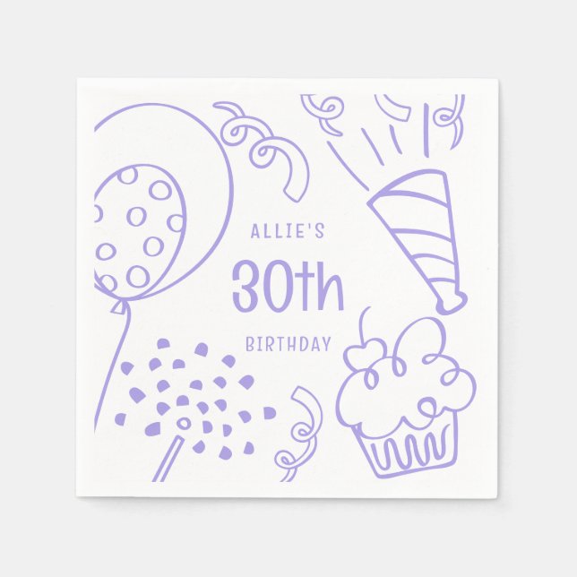 Handgezeichnete Geburtstagsparty jedes Alters Peri Serviette (Vorderseite)