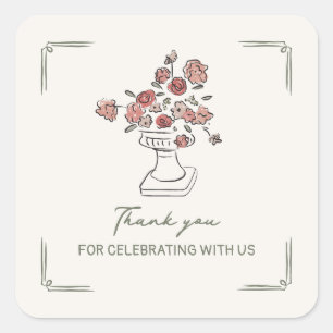 Handgezeichnete, gedämpfte, rote Salbei-Blumen-Urn Quadratischer Aufkleber