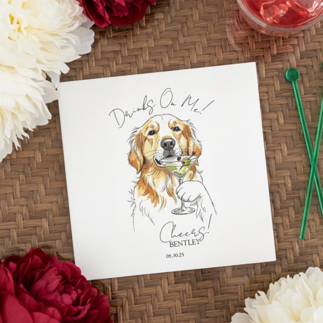 Handgezeichnete Golden Retriever Martini Offene Ba Serviette (Toast your pet with this custom hand drawn golden retriever martini cocktail napkin!)