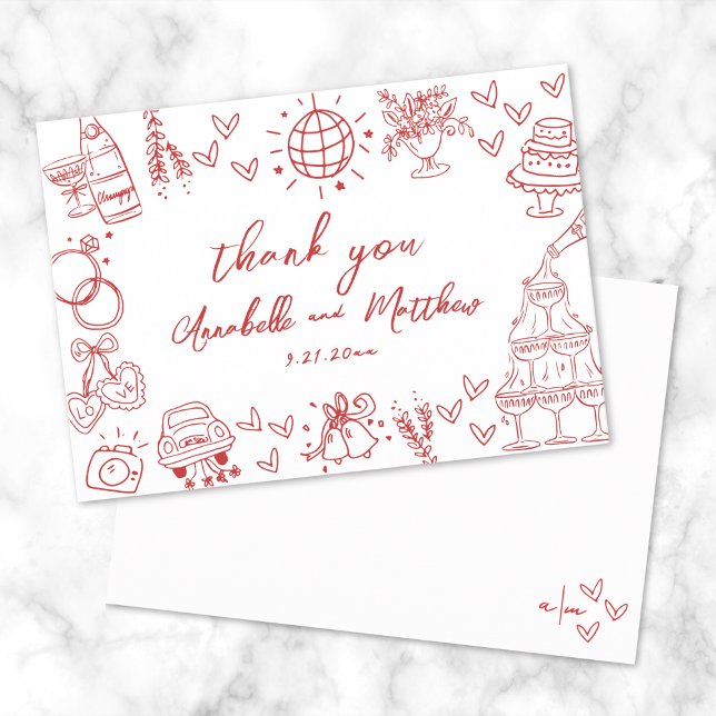 Handgezeichnete, griechische Hochzeit Dankeskarte (Hand Drawn Red Whimsical Wedding Thank You Card)