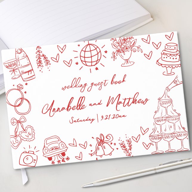 Handgezeichnete, griechische Hochzeit Gästebuch (Hand Drawn Red Whimsical Wedding Guest Book)