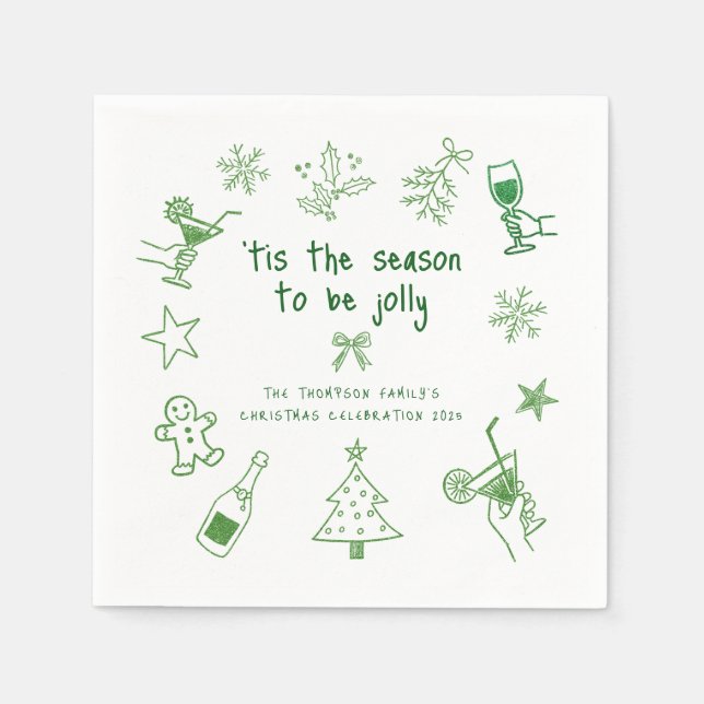 Handgezeichnete grüne Glitter-Doodle-Weihnachtsfei Serviette (Vorderseite)