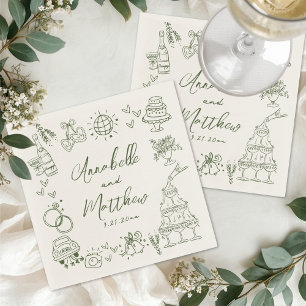 Handgezeichnete grüne Retro-Hochzeit Serviette