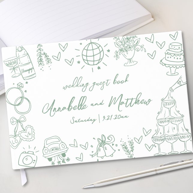 Handgezeichnete grüne Whimsikensehen Gästebuch (Hand Drawn Green Whimsical Wedding Guest Book )